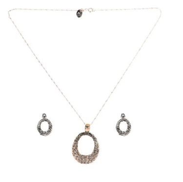 Set Dije Y Aretes Ovalados Plata Con Diseño